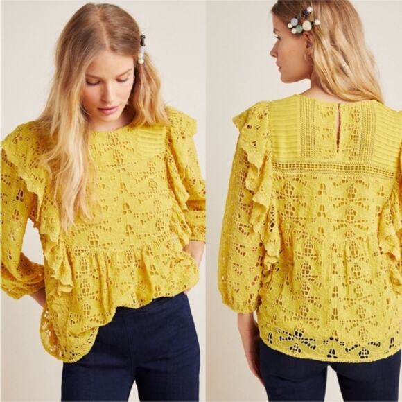 Anthropologie Yellow Clementine Blouse Eyelet Ruffle Puff Sleeve Top Shirt Sz 0 - Picture 16 of 16